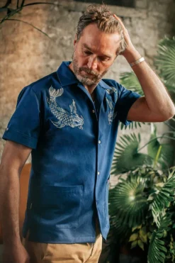 Men &SONS Tops>Club Shirt Koi Carp Embroidered Blue