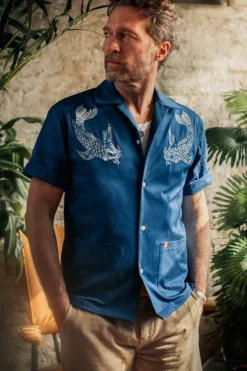 Men &SONS Tops>Club Shirt Koi Carp Embroidered Blue