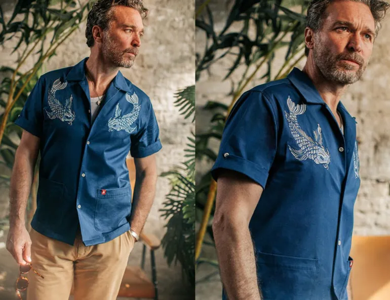 Men &SONS Tops>Club Shirt Koi Carp Embroidered Blue