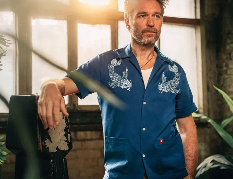 Men &SONS Tops>Club Shirt Koi Carp Embroidered Blue