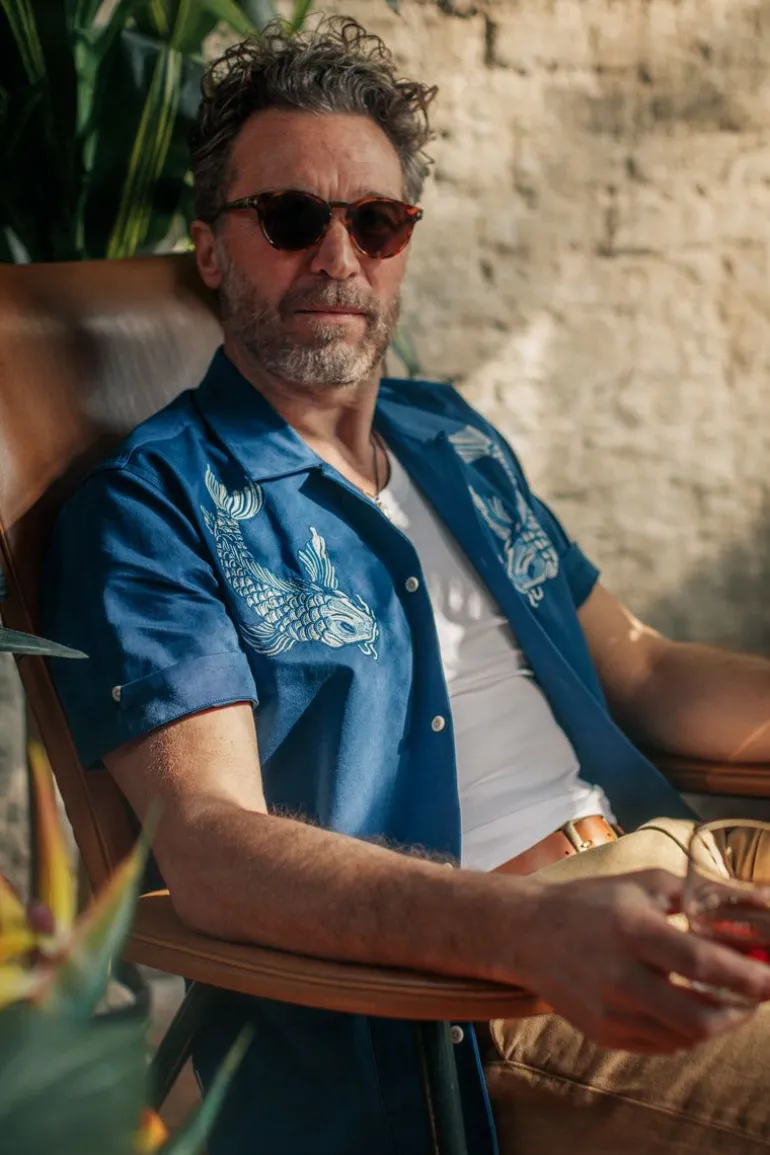 Men &SONS Tops>Club Shirt Koi Carp Embroidered Blue