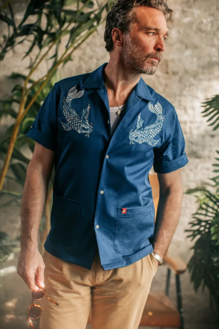 Men &SONS Tops>Club Shirt Koi Carp Embroidered Blue