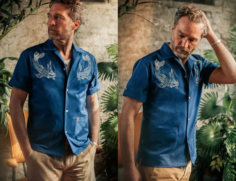 Men &SONS Tops>Club Shirt Koi Carp Embroidered Blue