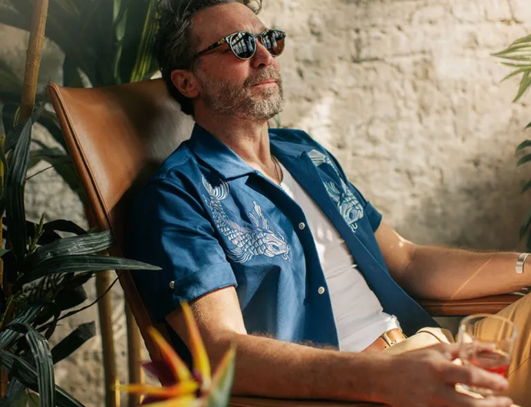 Men &SONS Tops>Club Shirt Koi Carp Embroidered Blue