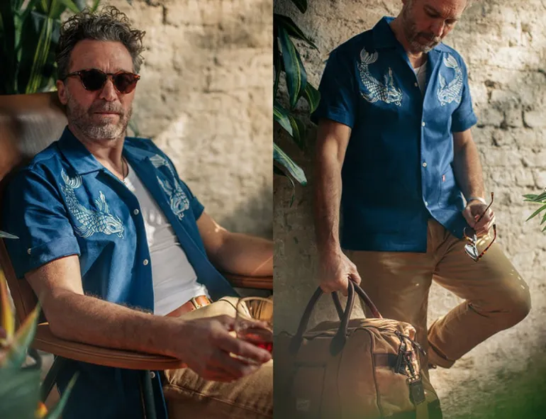 Men &SONS Tops>Club Shirt Koi Carp Embroidered Blue