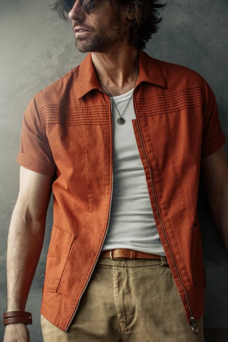 Men &SONS Tops>Cabana Shirt Burnt Orange