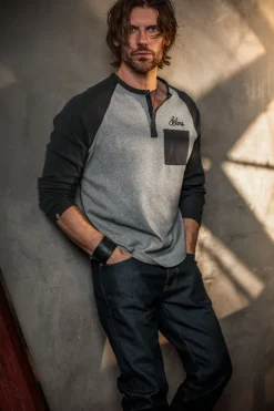 Men &SONS Tops>Infield Raglan Henley Shirt Grey/Charcoal