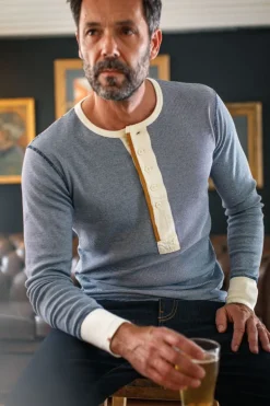Men &SONS Tops>Wilder Henley Ticking Blue
