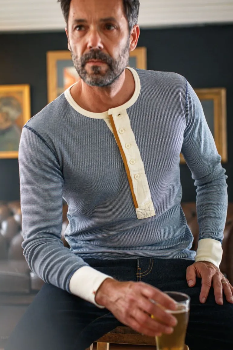 Men &SONS Tops>Wilder Henley Ticking Blue
