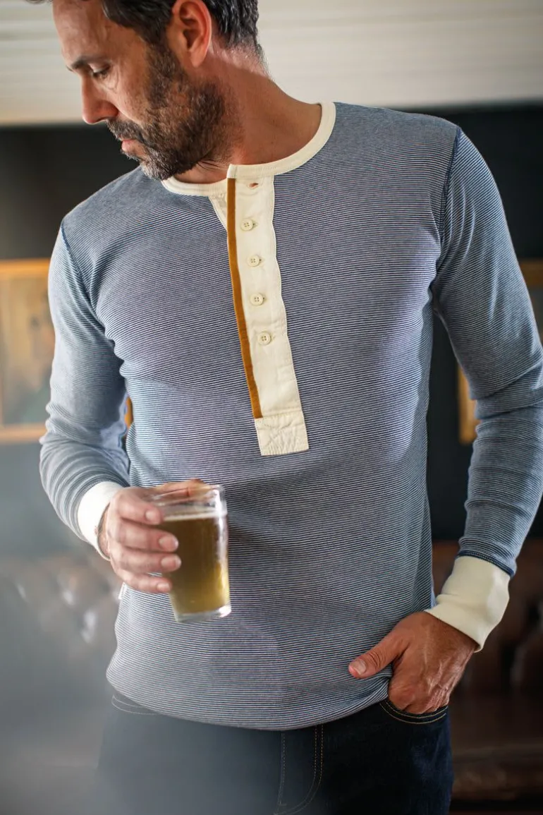 Men &SONS Tops>Wilder Henley Ticking Blue