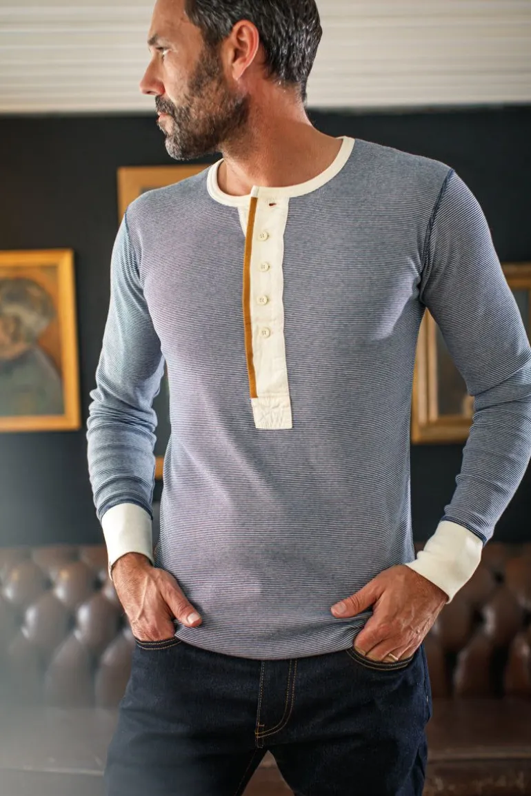 Men &SONS Tops>Wilder Henley Ticking Blue