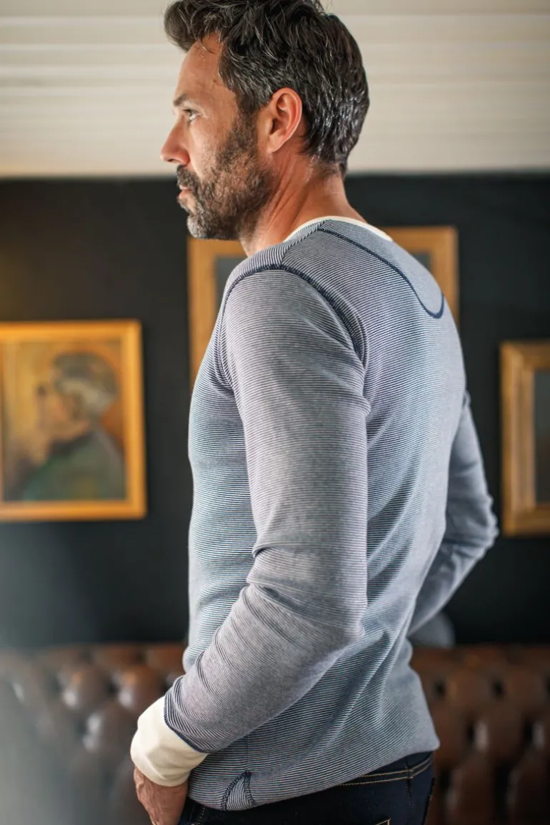 Men &SONS Tops>Wilder Henley Ticking Blue