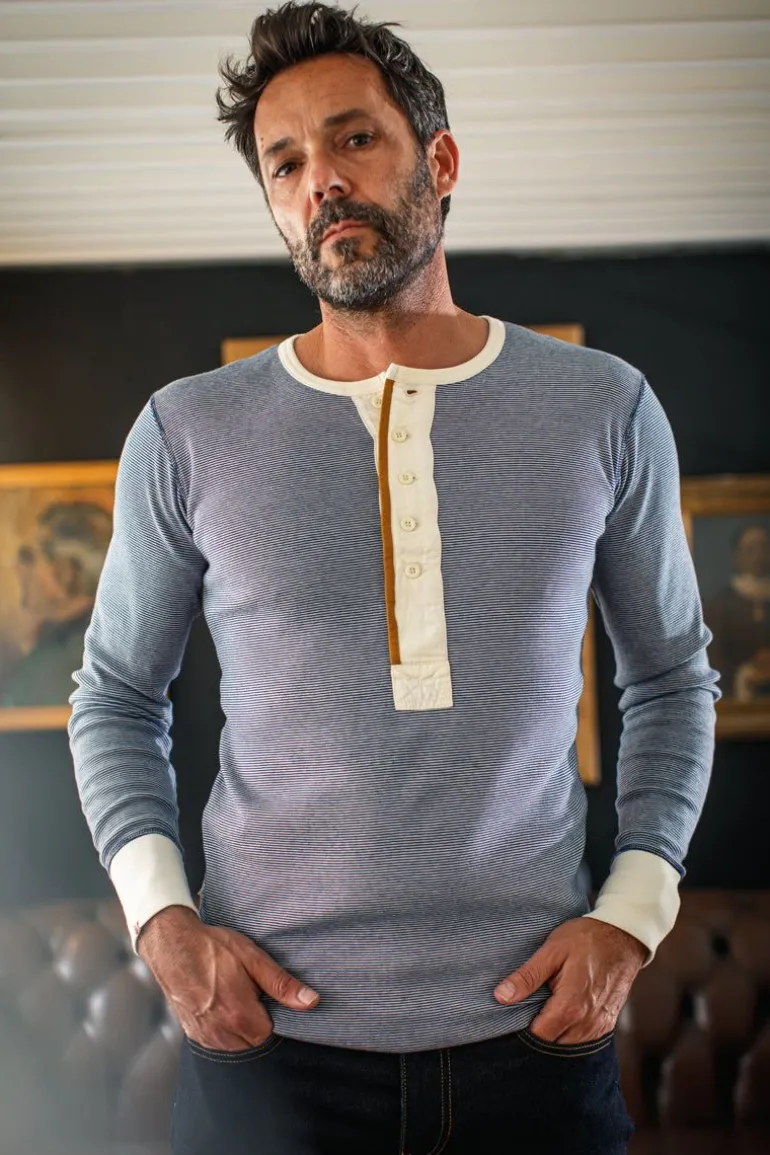 Men &SONS Tops>Wilder Henley Ticking Blue