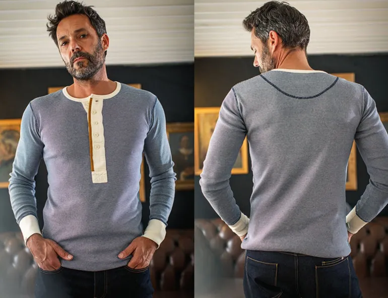 Men &SONS Tops>Wilder Henley Ticking Blue