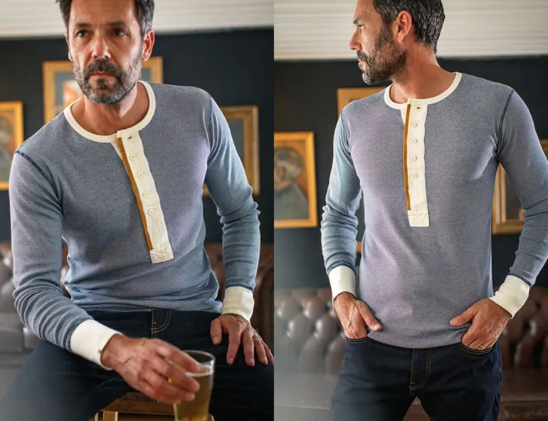 Men &SONS Tops>Wilder Henley Ticking Blue