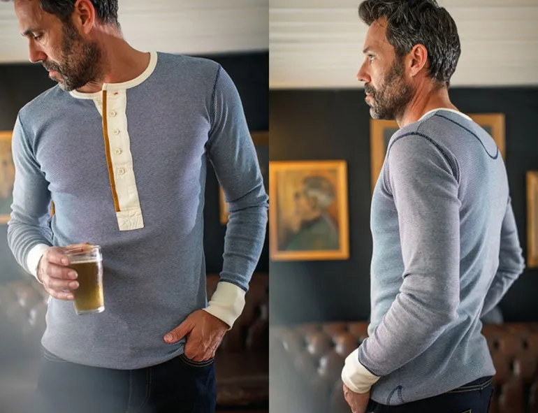 Men &SONS Tops>Wilder Henley Ticking Blue