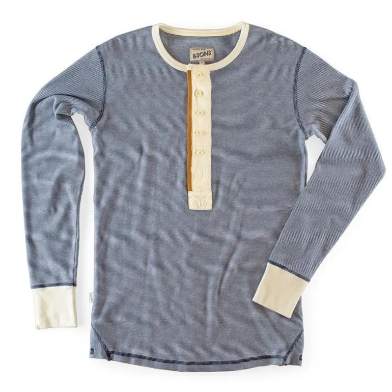 Men &SONS Tops>Wilder Henley Ticking Blue
