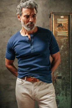 Men &SONS Tops>The New Elder Henley Short Sleeve Shirt Indigo